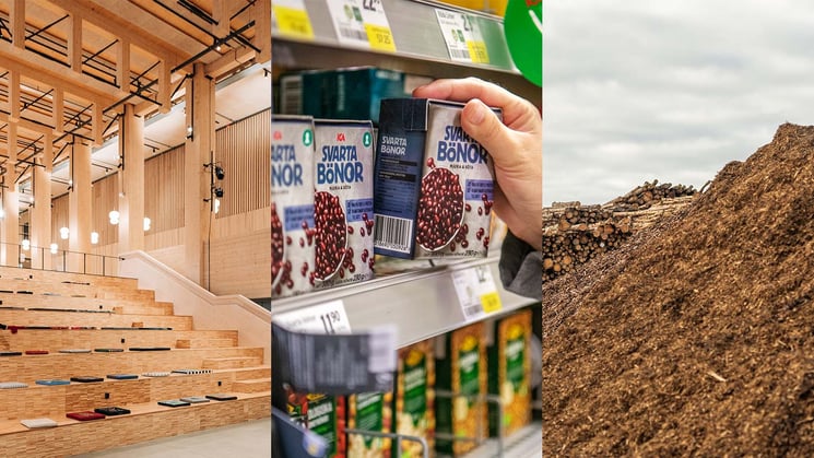 sara kulturhus, matförpackningar i kartong och flis från sågverk