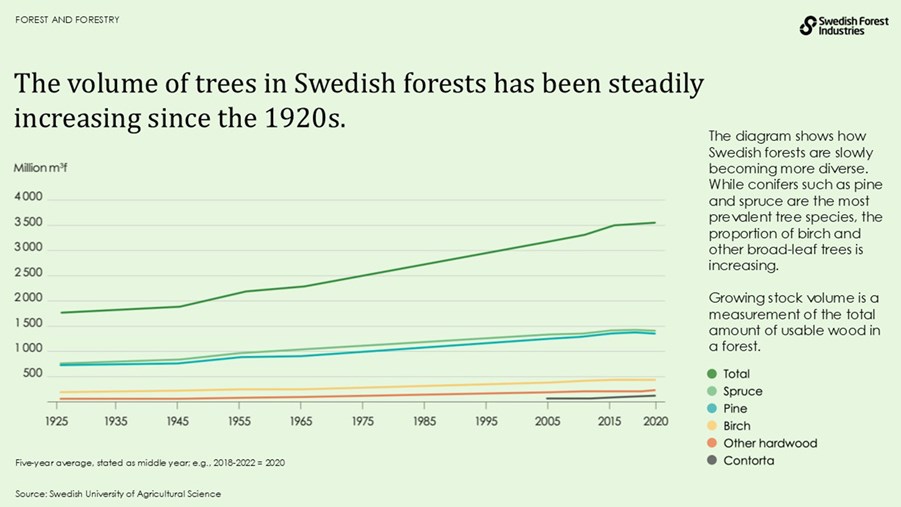 The volume of trees in Swedish forests has been steadily increasing since the 1920s.
